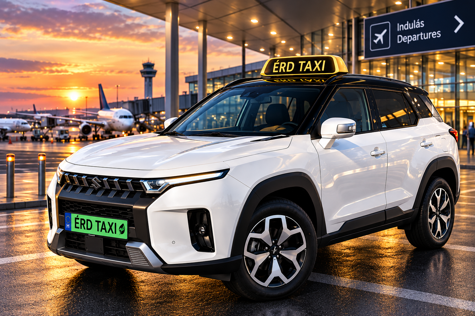 Fehér elektromos Érd Taxi SUV zöld Érd Taxi rendszámmal és Érd Taxi tetőjelzővel egy repülőtér előtt